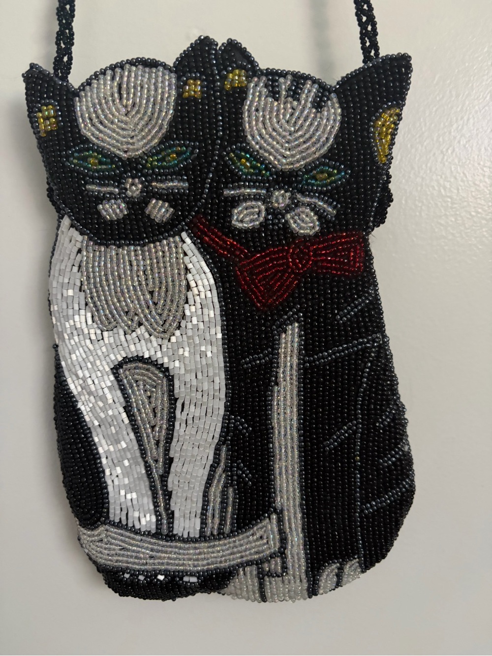 Beaded Black & White Cat Crossbody Bag - Decorative Pet Design Vintage - Picture 3 of 7
